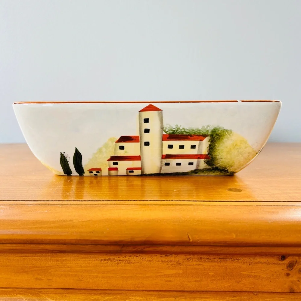 Vintage ND Hand-Painted Ceramic Italian Village Countryside Square Serving Dish